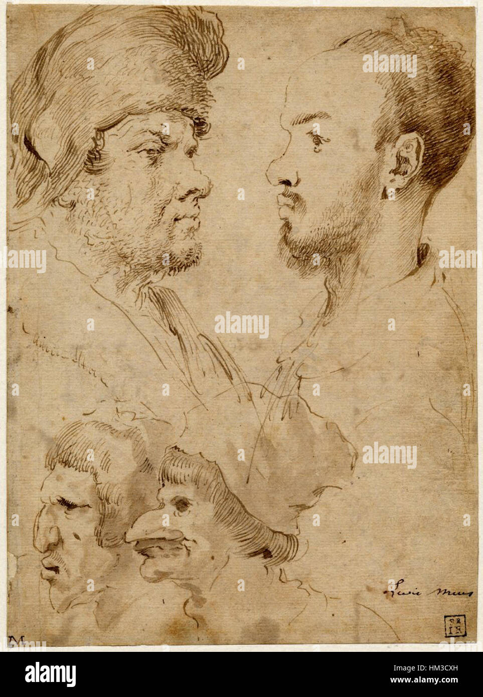 "Studies of Four caricature Heads" di Lieven Mehus è una serie di disegni che mostrano l'abilità dell'artista nella caricatura e il suo interesse per le caratteristiche facciali esagerate. Questi schizzi evidenziano l'approccio di Mehus alla ritrattistica con umorismo e precisione. Foto Stock
