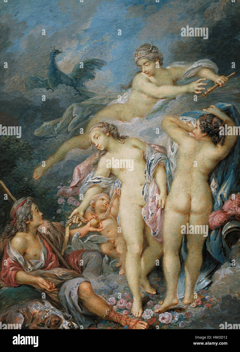 "Il giudizio di Parigi" di Jacques Charlier, un'interpretazione dell'originale di Francois Boucher, raffigura la storia mitologica di Parigi che sceglie la dea più bella, resa in vibrante stile classico. Foto Stock