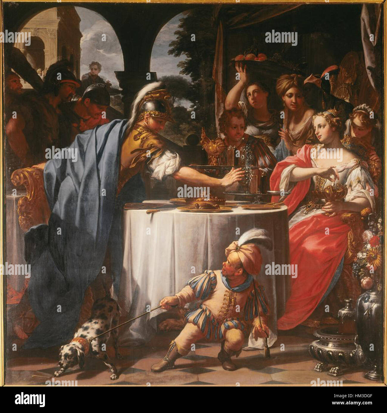 "Il banchetto di Marcantonio e Cleopatra" di Trevisani ritrae il banchetto storico tra Marc Antonio e Cleopatra. Il dipinto cattura l'opulenza e l'interazione drammatica tra le due figure storiche, mostrando il loro significato culturale e politico. Foto Stock