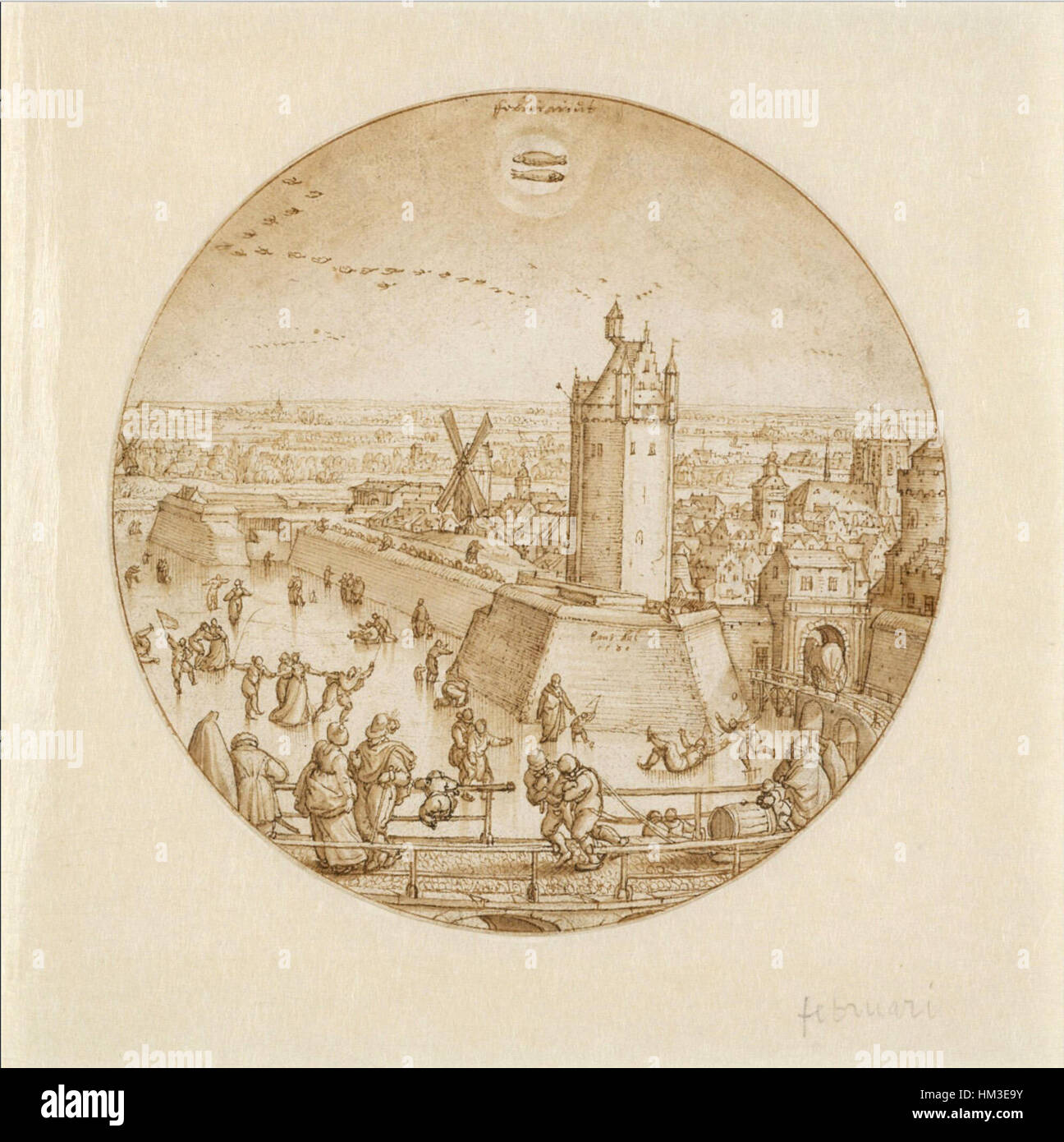 "Il mese di febbraio (pesci)" di Hans Bol illustra una rappresentazione del segno zodiacale pesci, che mostra lo stile artistico del tardo Rinascimento e del primo Barocco. Foto Stock