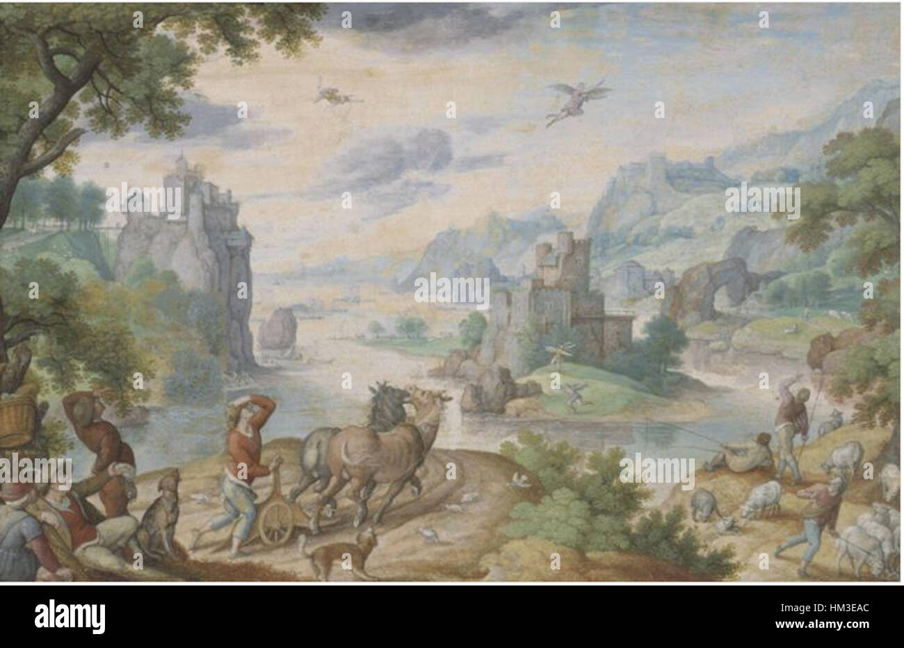 Il "paesaggio con la caduta di Icaro" di Hans Bol raffigura la scena mitologica di Icaro che cade dal cielo, adagiata su un paesaggio tranquillo. Bol utilizza dettagli vivaci e uno sfondo sereno per contrastare il tragico destino di Icaro con la tranquillità della natura. Foto Stock