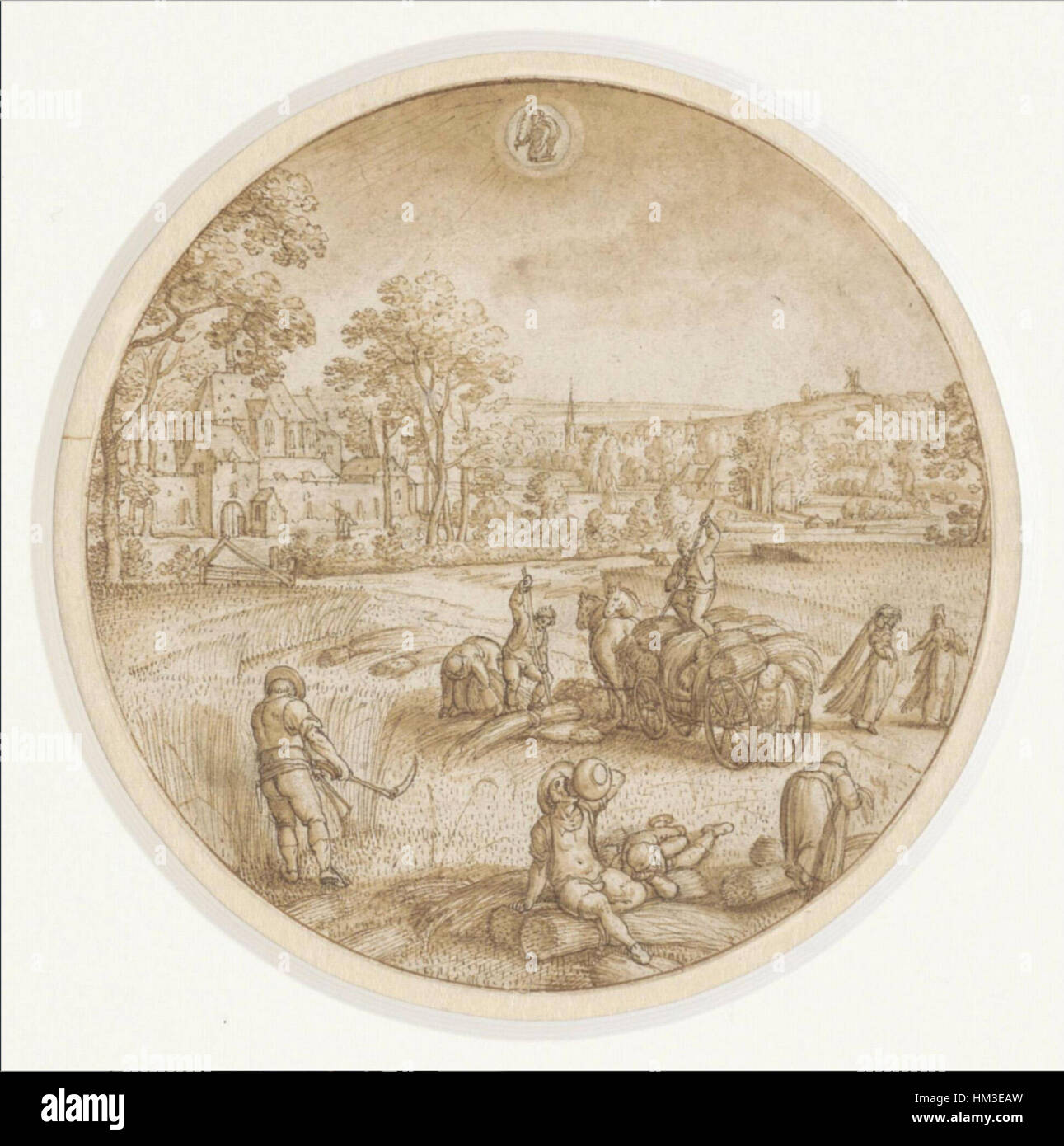 «The Month August (Virgo)» di Hans Bol è un dipinto allegorico che rappresenta il segno zodiacale della Vergine, spesso associato al raccolto e all’abbondanza. L'opera fa parte di una serie che raffigura i mesi e i relativi simboli, catturando lo spirito del tardo Rinascimento. Foto Stock