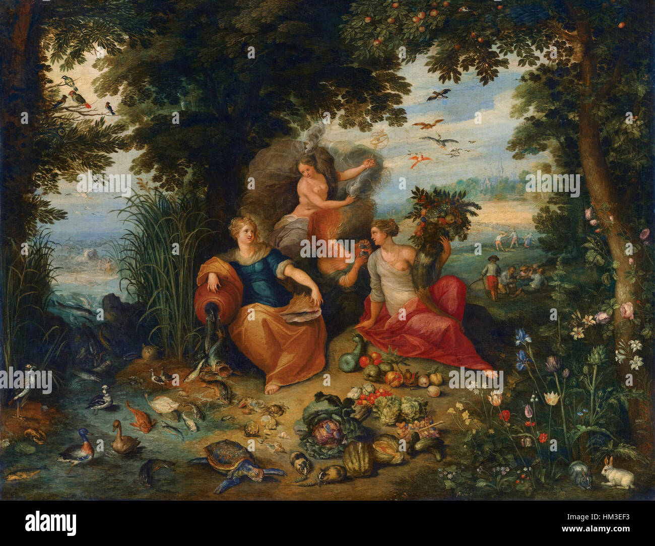 Questa collaborazione tra Jan Breughel il giovane e Frans Francken il giovane presenta i quattro elementi classici: Terra, acqua, aria e fuoco, simboleggiando varie forze naturali. Il dipinto riflette temi allegorici barocchi con ricchi dettagli. Foto Stock