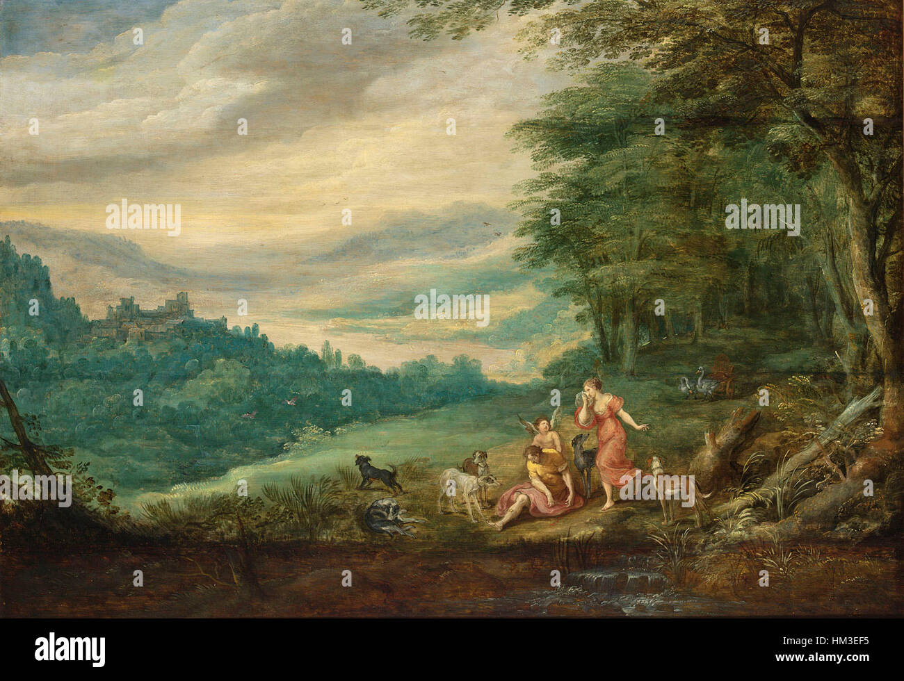 Questo dipinto di Joos de Momper e Jan Breughel il giovane raffigura Venere in lutto per la morte di Adone in un lussureggiante paesaggio boscoso panoramico. Gli artisti hanno Unito la loro esperienza nel paesaggio e nella pittura di figura, creando una scena vivida che fonde temi mitologici con la bellezza naturale. Foto Stock
