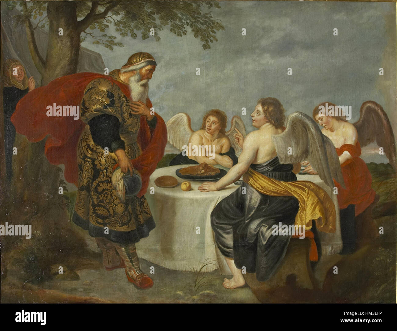 Questo dipinto di Hieronymus Francken II illustra la storia biblica di Abramo che incontra i tre angeli, mostrando la drammatica interazione tra il patriarca e i messaggeri divini. Foto Stock