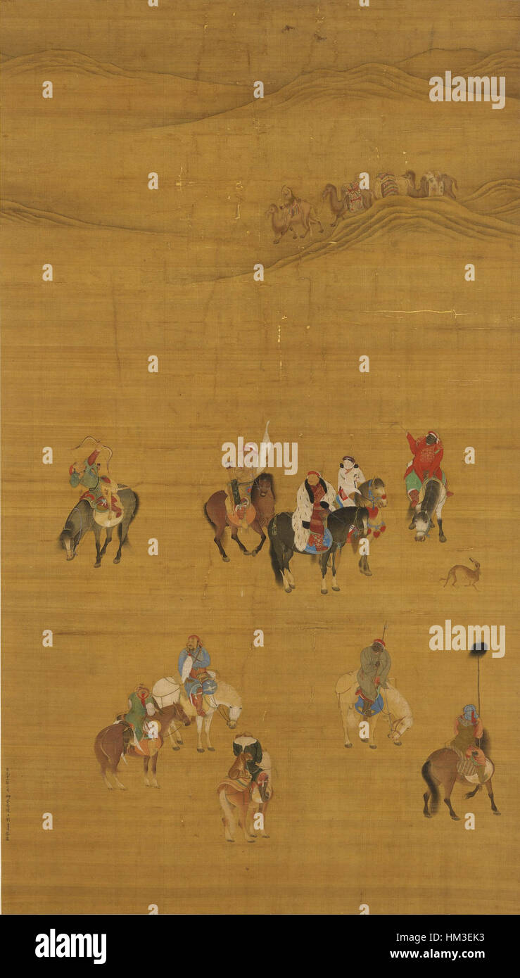 Questa opera d'arte ritrae Kublai Khan, l'imperatore mongolo, durante una spedizione di caccia. Il dipinto enfatizza il suo potere e il suo dominio sulla natura, simboleggiando la sua autorità imperiale. La scena riflette la tradizionale cultura mongola, raffigurando l'imperatore in regalia complete mentre caccia a cavallo, con paesaggi dettagliati e un senso dinamico di movimento. Foto Stock
