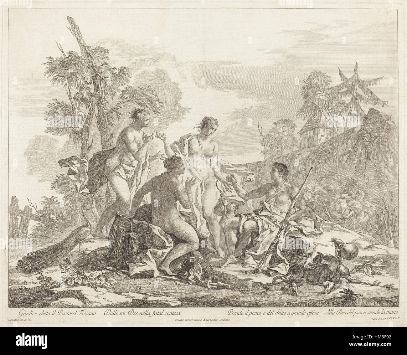 Questo dipinto ad olio di Jacopo Guarana raffigura la scena mitologica del giudizio di Parigi, un momento famoso della mitologia greca in cui Parigi sceglie la dea più fedele, che conduce alla guerra di Troia. L'opera è rappresentativa dell'arte europea del XVIII secolo e dei temi classici. Foto Stock