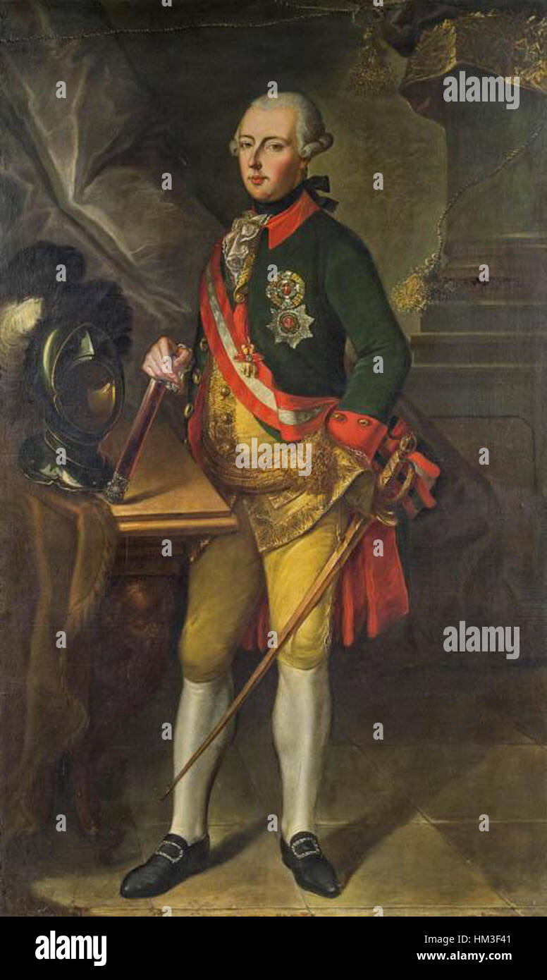 Questo ritratto del Kaiser Giuseppe II, imperatore del Sacro Romano Impero, cattura la sua presenza regale e il suo significato politico nella storia europea. Come monarca riformista, Giuseppe II attuò cambiamenti chiave nell'impero, in particolare in questioni legali e amministrative. Foto Stock