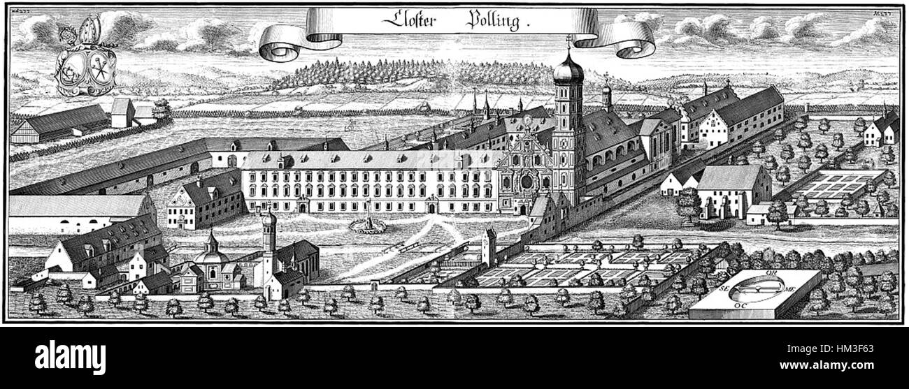 Un dipinto dettagliato di Michael Wening del 1701, raffigurante il polling di Kloster, un monastero benedettino in Baviera, Germania. Le opere d'arte mostrano la bellezza architettonica del monastero e dei suoi dintorni. Foto Stock Un dipinto dettagliato di Michael Wening del 1701, raffigurante il polling di Kloster, un monastero benedettino in Baviera, Germania. Le opere d'arte mostrano la bellezza architettonica del monastero e dei suoi dintorni. Foto Stock