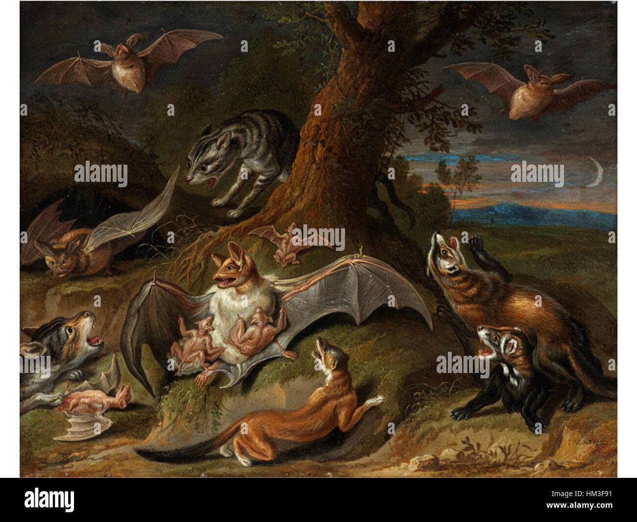 Il dipinto di Jan van Kessel «Nocturnal Animals at the Edge of a Forest» cattura la misteriosa bellezza della fauna notturna. La descrizione dettagliata degli animali della foresta nel loro habitat naturale di notte mostra l'abilità di van Kessel nell'osservare la natura, rendendolo un capolavoro della prima pittura animale moderna. Foto Stock