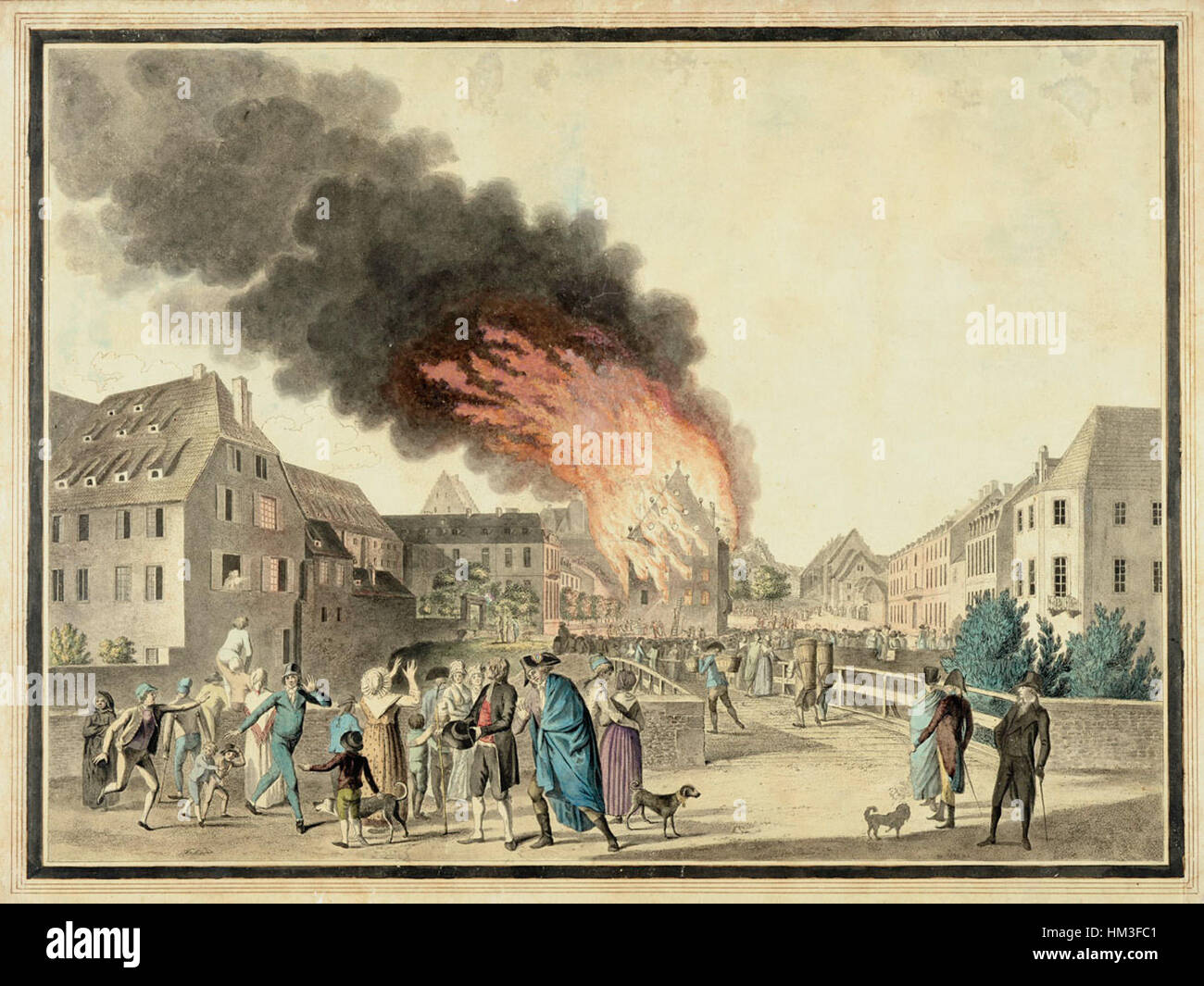 «Incendie du Théâtre de Strasbourg» di Jean Hans raffigura l’incendio scoppiato al Teatro di Strasburgo il 31 maggio 1800. Il dipinto cattura la natura drammatica e caotica dell'evento. Foto Stock