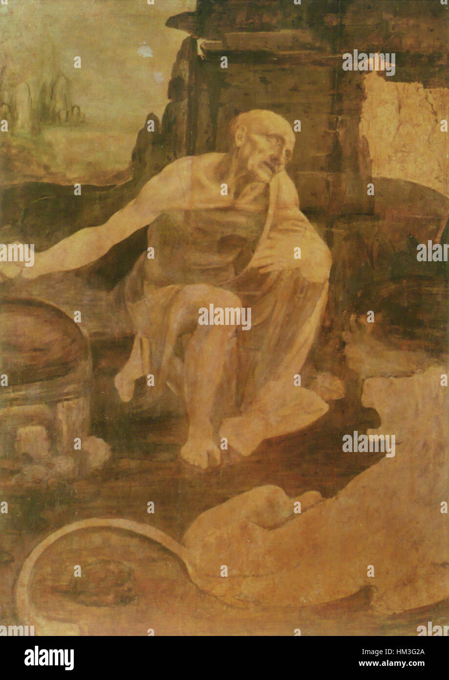 "San Girolamo" di Leonardo da Vinci è un dipinto ad olio incompiuto che raffigura lo studioso cristiano San Girolamo in una posa contemplativa. Il lavoro dimostra l'abilità di da Vinci nel catturare profondità emotiva e realismo. Foto Stock "San Girolamo" di Leonardo da Vinci è un dipinto ad olio incompiuto che raffigura lo studioso cristiano San Girolamo in una posa contemplativa. Il lavoro dimostra l'abilità di da Vinci nel catturare profondità emotiva e realismo. Foto Stock