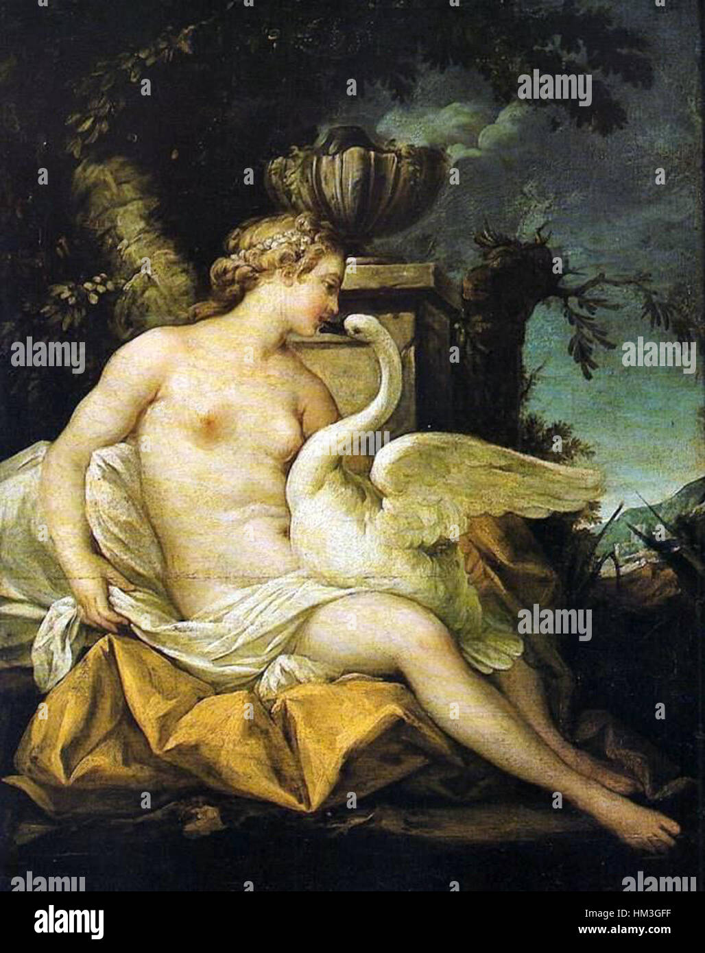 Questo dipinto di Jean-Baptiste Marie Pierre raffigura la scena mitologica di Leda e il cigno, mostrando l'abilità dell'artista nella composizione classica e la maestria della pittura di figura. Foto Stock