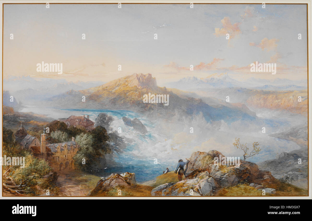 Questo dipinto di James Duffield Harding cattura l'iconica Rheinfall, la più grande cascata d'Europa, situata vicino a Sciaffusa, in Svizzera. Le opere d'arte enfatizzano la grandezza del paesaggio naturale, mostrando l'abilità di Harding nel ritrarre paesaggi spettacolari. Foto Stock