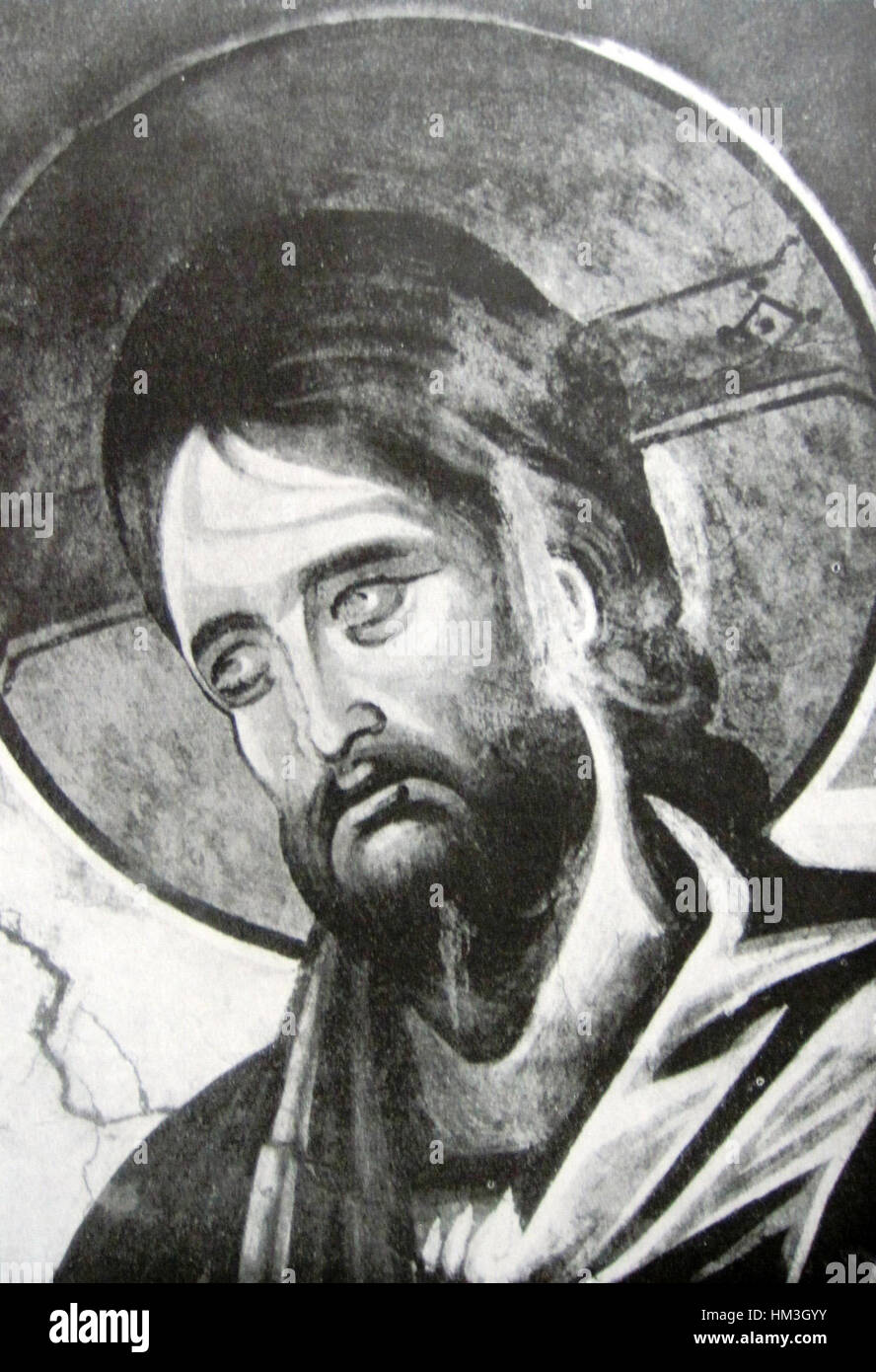 L'affresco *Ubisi* raffigura l'immagine di Gesù Cristo, mostrando iconografia religiosa della tradizione bizantina. Questo affresco, probabilmente parte di una più ampia scena religiosa, riflette temi artistici paleocristiani e l'importanza devozionale di Gesù nell'arte bizantina. I colori vivaci e la rappresentazione simbolica enfatizzano la riverenza spirituale e la presenza divina. Foto Stock L'affresco *Ubisi* raffigura l'immagine di Gesù Cristo, mostrando iconografia religiosa della tradizione bizantina. Questo affresco, probabilmente parte di una più ampia scena religiosa, riflette temi artistici paleocristiani e l'importanza devozionale di Gesù nell'arte bizantina. I colori vivaci e la rappresentazione simbolica enfatizzano la riverenza spirituale e la presenza divina. Foto Stock