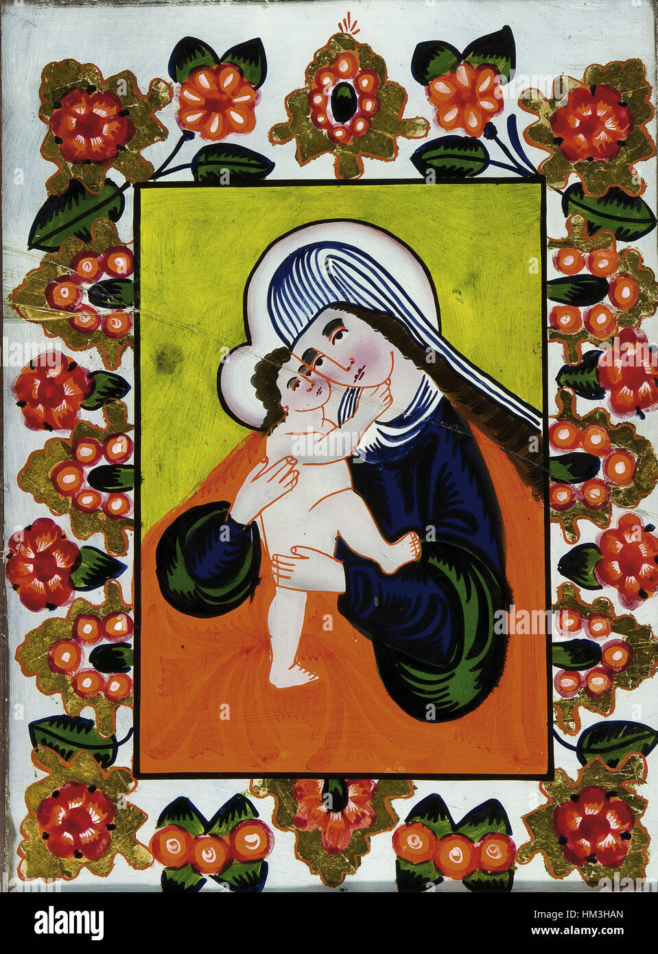 L'Hinterglasbild Maria Hilf, risalente al 1850 circa, è un'immagine in vetro dipinto raffigurante la Vergine Maria, un motivo comune nell'arte popolare religiosa delle regioni alpine. Questa opera d'arte è un ottimo esempio di arte devozionale tedesca del XIX secolo. Foto Stock