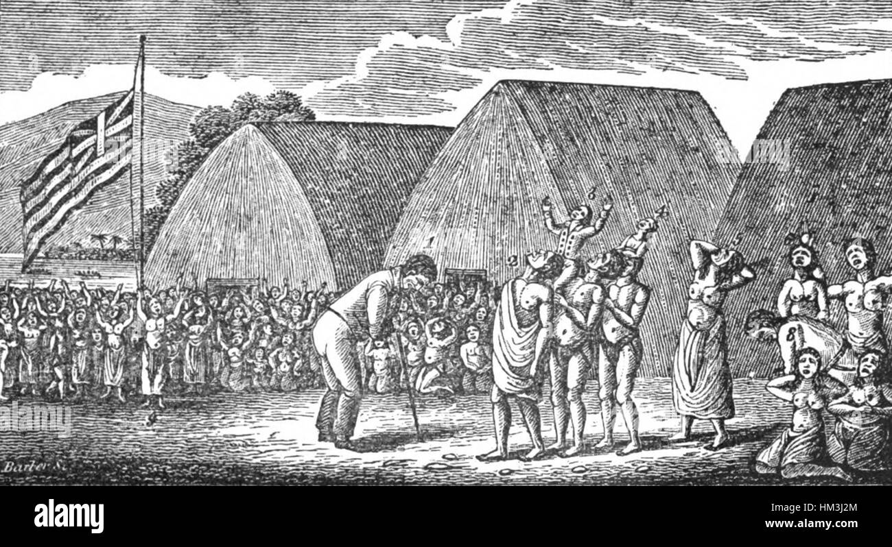 Le "Lamentazioni per Keopuolani" raffigurano una scena di lutto dalla tradizione reale hawaiana. La famiglia reale piange la morte della regina Keopuolani, mostrando il significato culturale ed emotivo della perdita nella storia hawaiana. Foto Stock