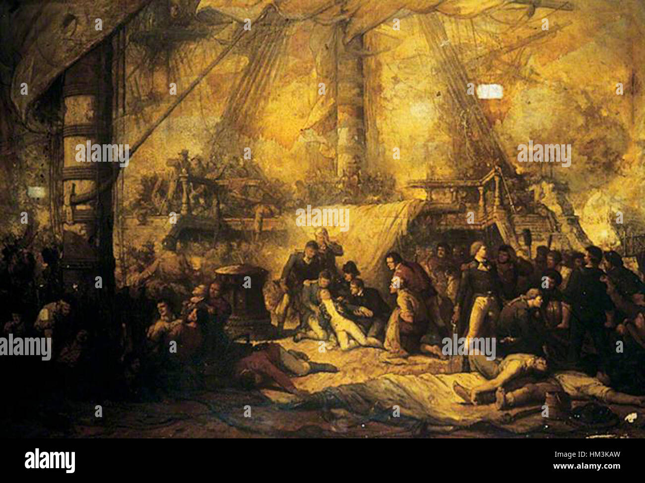 La "morte di Nelson" di Hendrik Frans Schaefels cattura il drammatico momento della morte dell'ammiraglio Horatio Nelson durante la battaglia di Trafalgar, simboleggiando l'eroismo e il sacrificio nella storia navale. Foto Stock