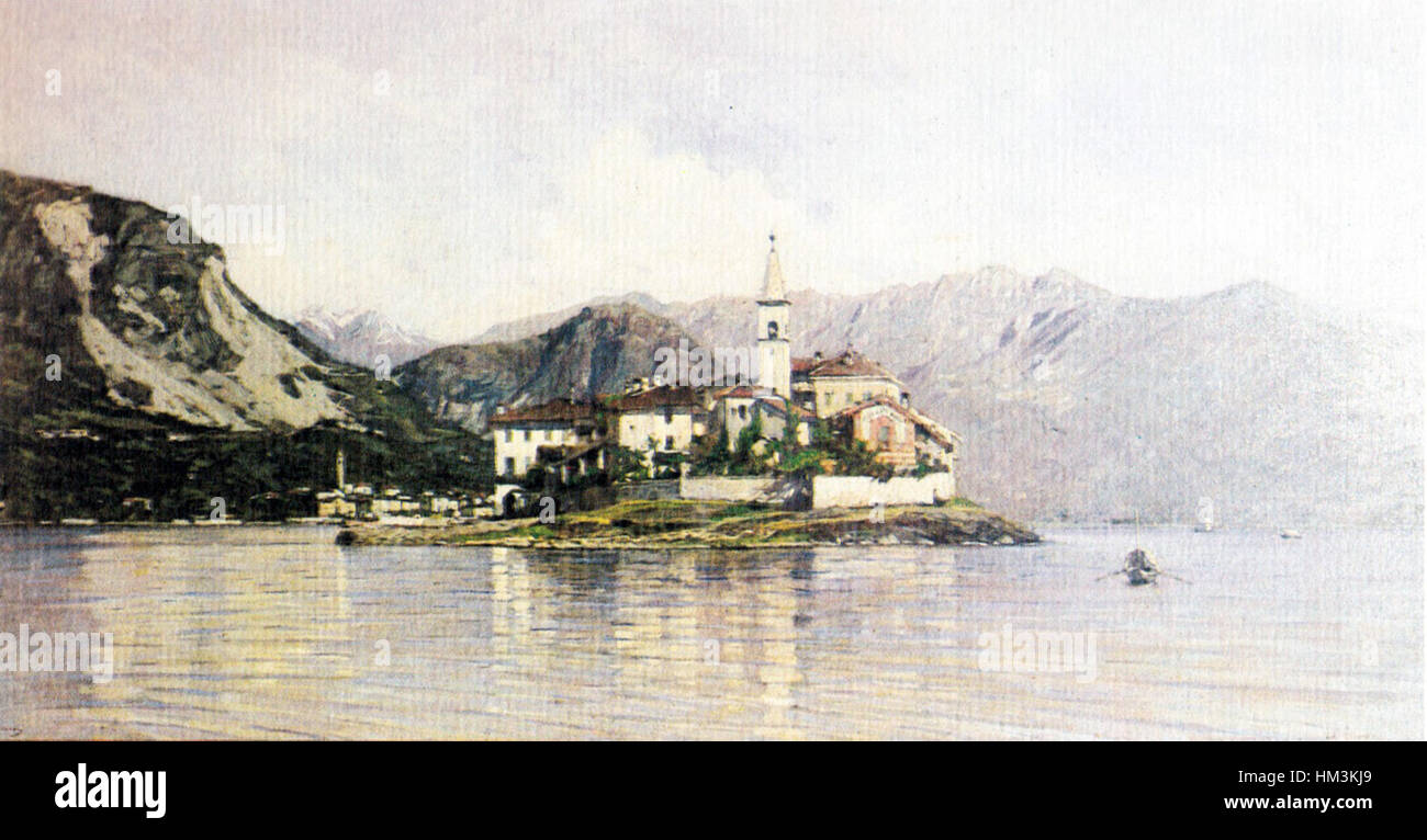 "L'isola dei pescatori" di Filippo Carcano raffigura la bellezza panoramica dell'Isola dei pescatori sul Lago maggiore. Le opere d'arte catturano l'atmosfera tranquilla del lago italiano, con i pescatori che lavorano vicino al bordo dell'acqua. Foto Stock