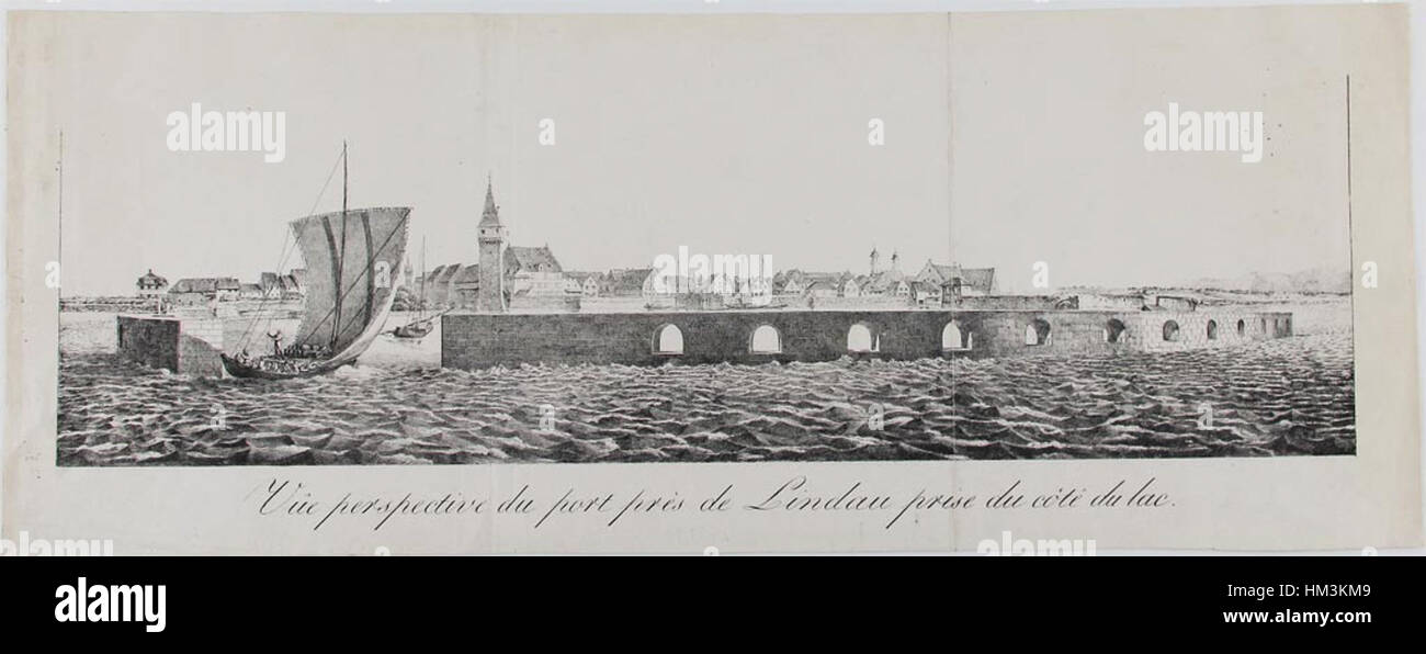 Una vista litografica del porto vicino a Lindau, ripresa dal lato del lago, dalla Description du Port di Wiebeking, 1812, che presenta il porto di Lindau. Foto Stock