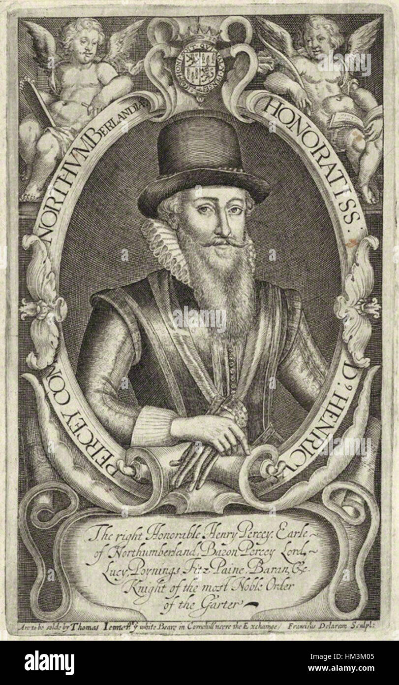 Questa incisione di Francis Delaram raffigura Henry Percy, IX conte di Northumberland, in un ritratto dettagliato. L'opera d'arte mette in risalto l'abbigliamento nobile e la postura dignitosa di Percy, riflettendo il suo status di primo piano nell'Inghilterra del XVII secolo. Foto Stock