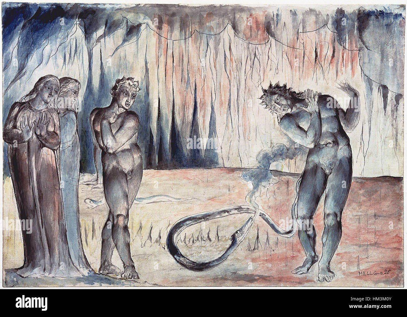 Questa illustrazione tratta dalla "Divina Commedia" di Dante raffigura il serpente che attacca Buoso Donati, catturando un momento drammatico dalla narrazione. L'opera riflette i temi medievali del peccato e della punizione divina. Foto Stock