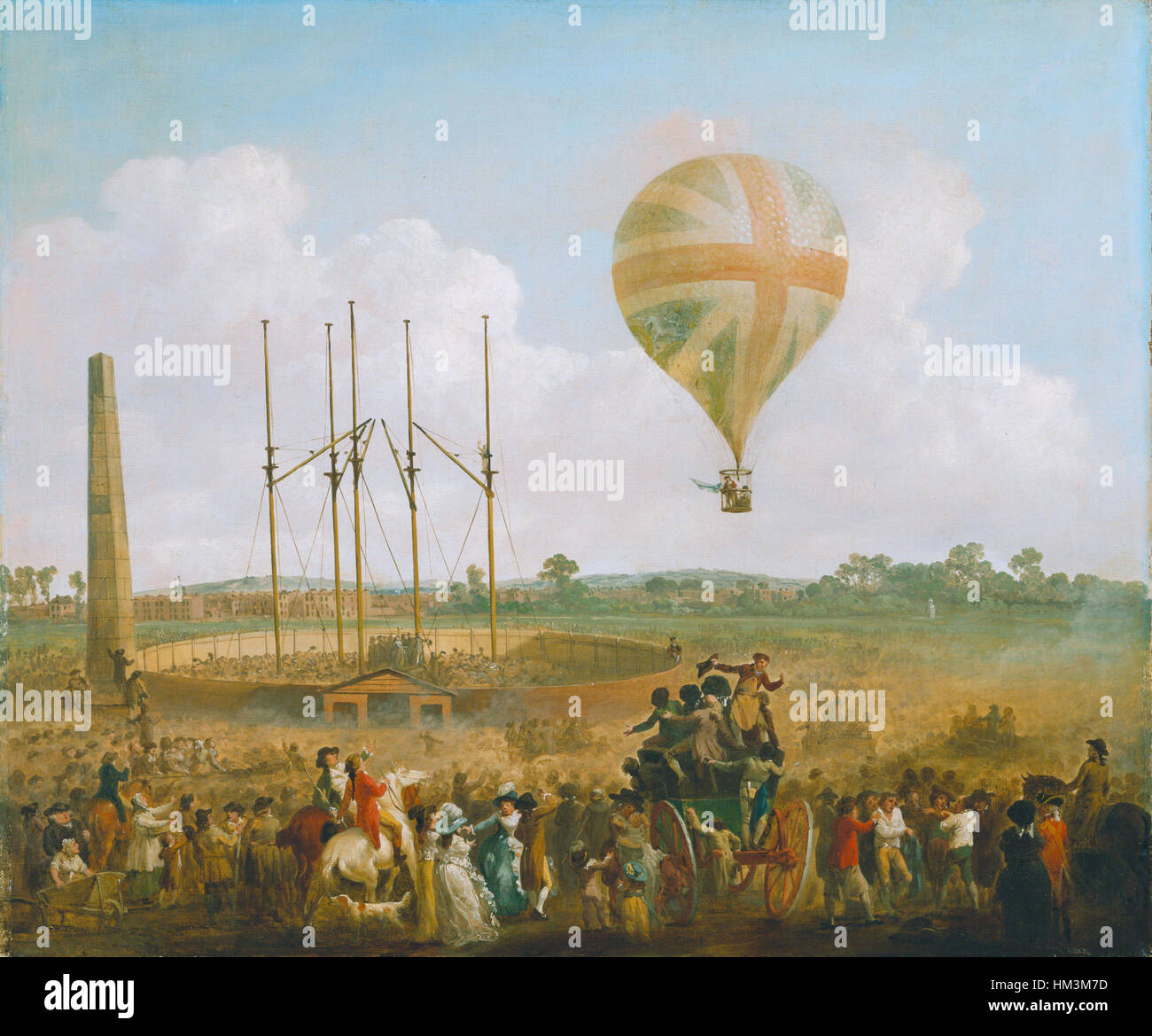 "George Biggins' Ascent in Lunardi's Balloon" di Giulio Cesare Ibbetson raffigura un volo storico alla fine del XVIII secolo. Le opere d'arte commemorano l'emozione e le meraviglie che circondano i primi giorni di volo in mongolfiera e l'esplorazione dei cieli. Foto Stock