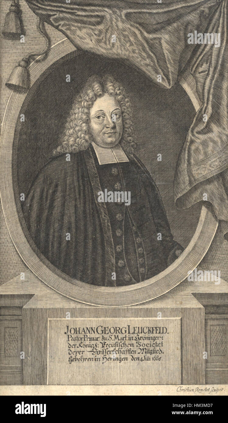 Le opere di Johann Georg Leuckfeld probabilmente si concentrano sulla ritrattistica e su soggetti storici, riflettendo lo stile artistico tedesco del XVIII secolo. Il suo approccio tipicamente enfatizzava le caratteristiche facciali dettagliate e l'abbigliamento specifico del periodo, contribuendo al genere della pittura ritrattistica durante questo periodo. Foto Stock