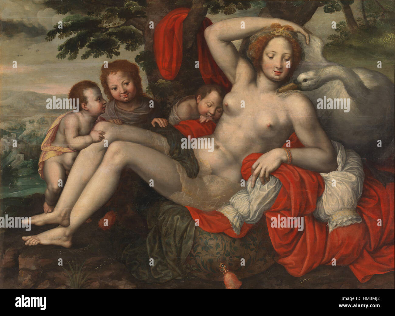 Leda e il Cigno, un'opera d'arte di Georg Pencz, un incisore e pittore tedesco del XVI secolo, in una fotografia. Foto Stock