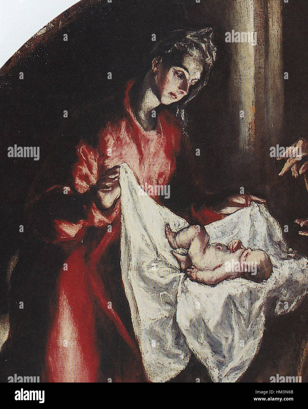 "La Natividad" di El Greco è una rappresentazione drammatica della nascita di Cristo. Il dettaglio si concentra sull'intensità emotiva della scena, con figure espressive e colori vivaci tipici dello stile di El Greco durante il Rinascimento spagnolo. Foto Stock