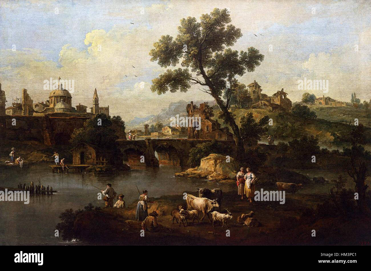 Giuseppe Zais - Paesaggio con fiume e Bridge - WGA25941 Foto Stock