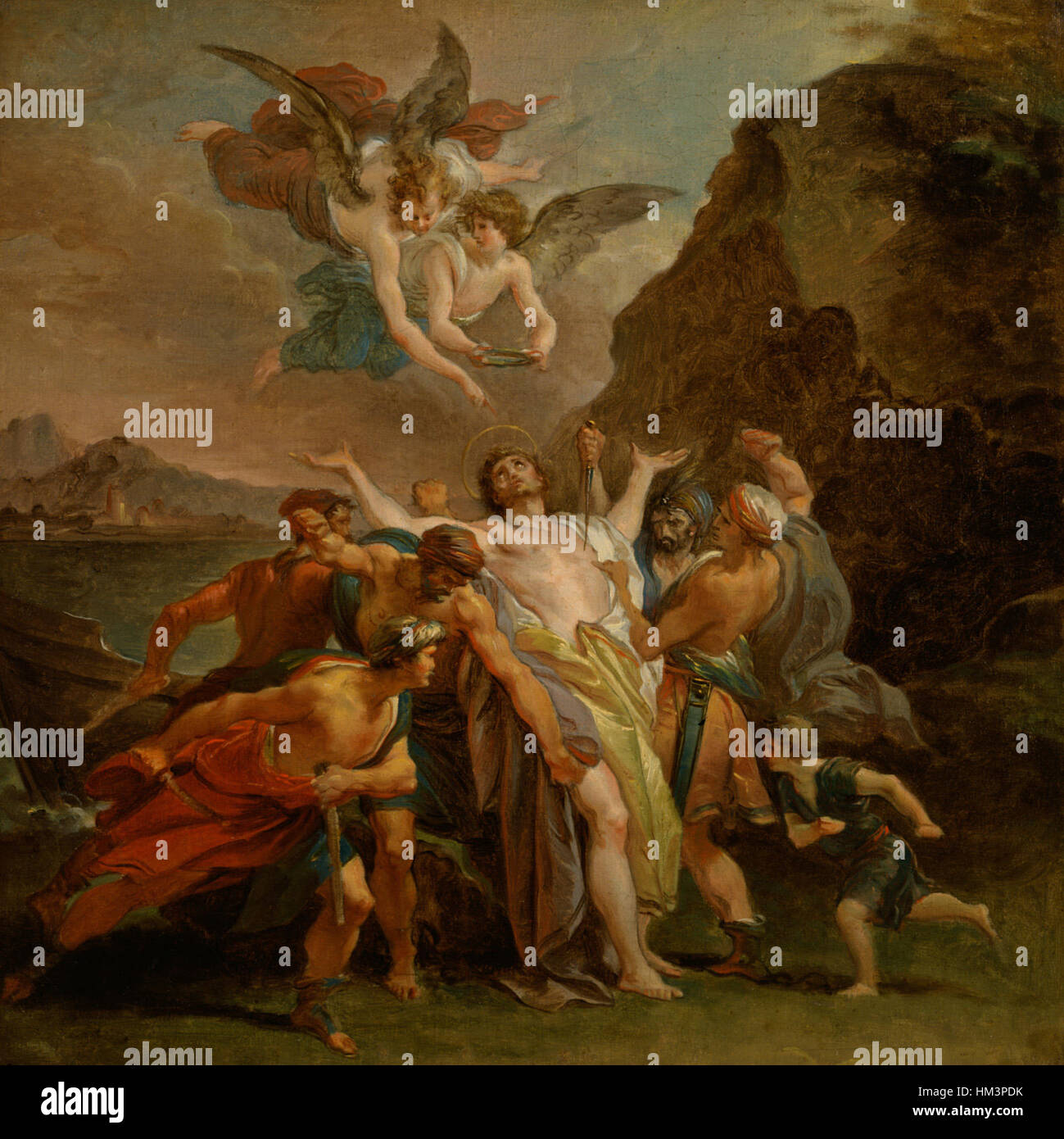 "Il Martirio del Beato Signoretto Alliata" di Giuseppe Cades raffigura il tragico martirio di un santo, con composizione dinamica e colori vivaci, caratteristici dello stile barocco di Cades. L'opera trasmette intense emozioni religiose e sofferenza spirituale. Foto Stock