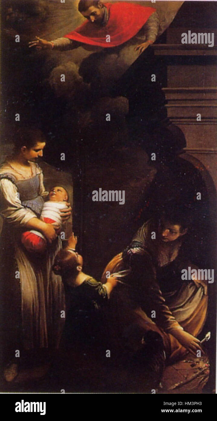 Il "miracolo di San Carlo Borromeo" di Guercino raffigura il miracolo compiuto da San Carlo Borromeo, concentrandosi sul suo ruolo nell'aiutare la sofferenza. L'opera è una potente rappresentazione della devozione religiosa e dell'intervento divino durante la vita del santo. Foto Stock