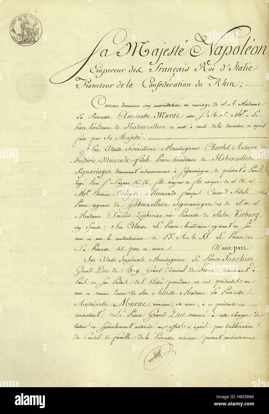 Il contratto di matrimonio di Karl von Hohenzollern-Sigmaringen e Antoinette Murat, firmato nel 1808, rappresenta una significativa unione politica e aristocratica nella storia europea. Questo documento evidenzia le alleanze dinastiche e i matrimoni nobili che hanno plasmato la geopolitica europea durante l'era napoleonica. Foto Stock