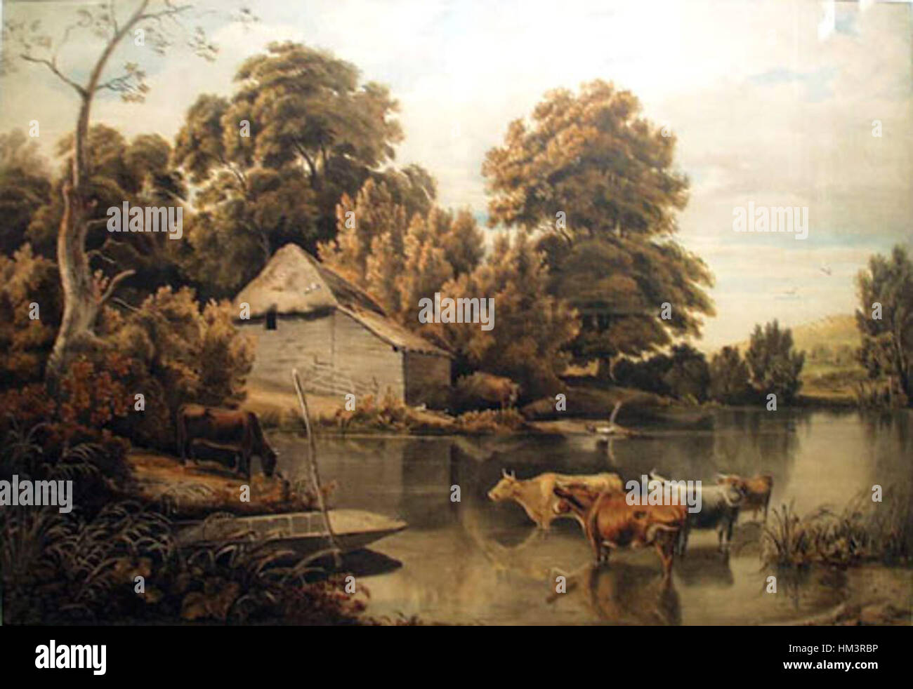 "Hedsor Wharf" di William Havell (1812) ritrae un tranquillo paesaggio di un molo sul fiume Tamigi, mostrando la tranquillità e la bellezza rurale della zona. Il dipinto esemplifica lo stile paesaggistico britannico dei primi anni del XIX secolo, con la sua attenzione agli elementi naturali e alla tranquilla vita rurale. Foto Stock