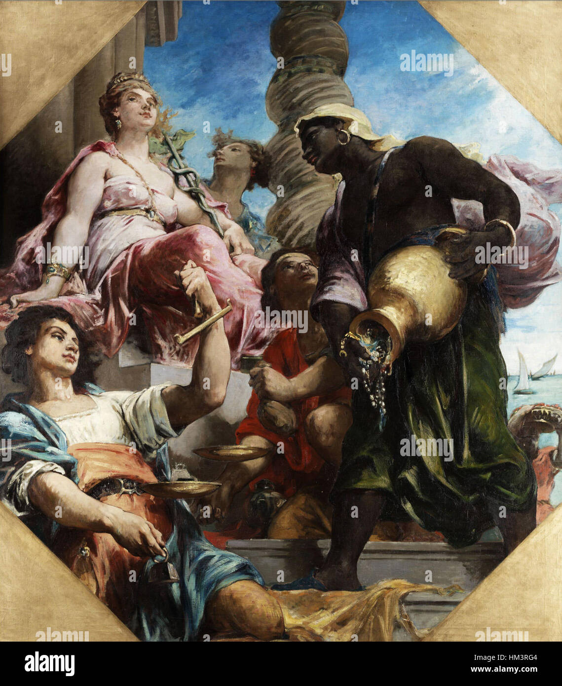 "Allegorie des Handels" di Henry Leopold Levy è un dipinto del XIX secolo che simboleggia il commercio e il commercio. Le cifre allegoriche rappresentano lo scambio globale di beni, sottolineando l'importanza del commercio internazionale nell'era industriale. Foto Stock