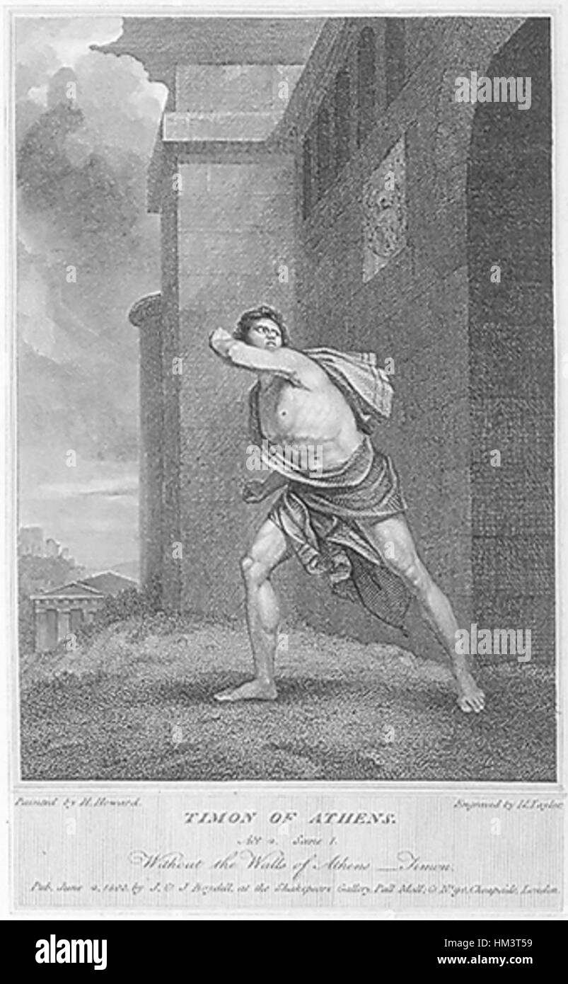 Questo lavoro intitolato *Howard-Timon Act 4* di un artista sconosciuto ritrae una scena emotiva probabilmente tratta da un'opera teatrale o da un momento storico. L'atto presenta un'intensa interazione e una vivida caratterizzazione, riflettendo l'intensità drammatica della performance. Foto Stock