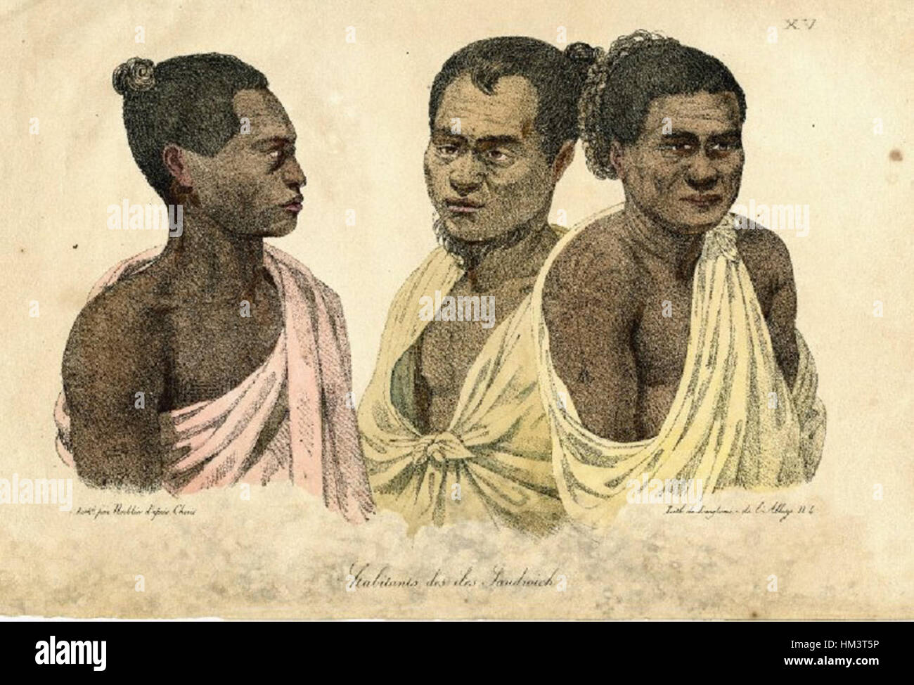 Illustrazione di tre uomini hawaiano, da Luigi Choris, c. 1816 Foto Stock