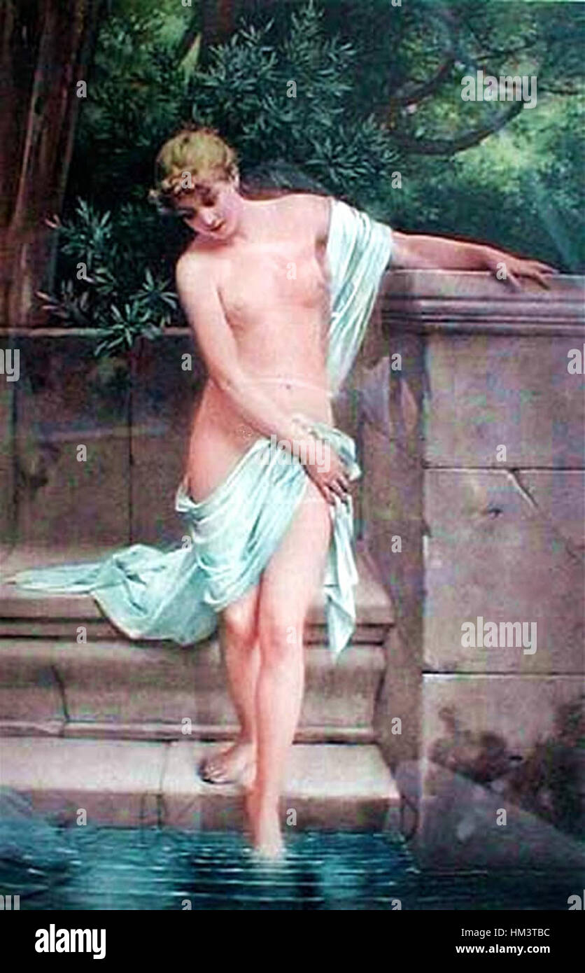 'Im Bade' di Paul Thumann è un dipinto del XIX secolo che raffigura una donna che fa il bagno. L'opera d'arte cattura il momento sereno e intimo del bagno, tipico dell'esplorazione di momenti domestici e tranquilli di Thumann, con attenzione al realismo e allo spazio personale. Foto Stock