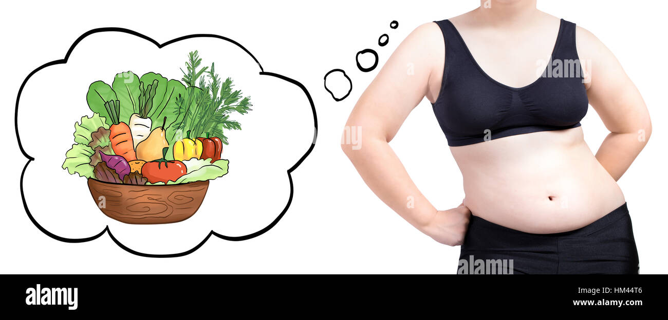 Donna grassa pensando bolla Vegetali dieta concetto isolato su sfondo bianco Foto Stock