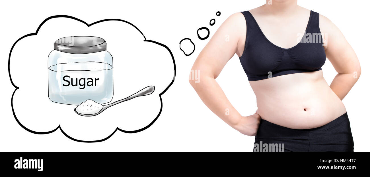 Donna grassa pensando di bolla di zucchero alimentare la dieta concetto isolato su sfondo bianco Foto Stock