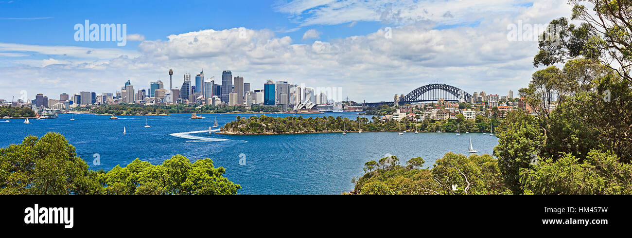 Ampio panorama sul porto di Sydney da braldey testa del parklands verso la città CBD punti di riferimento su una soleggiata giornata estiva. Foto Stock