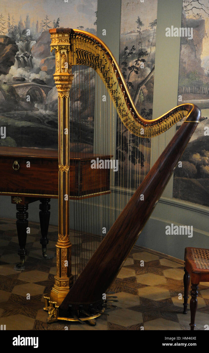 L'arpa. Corde dello strumento musicale. Museo della città di Malmo. La Svezia. Foto Stock