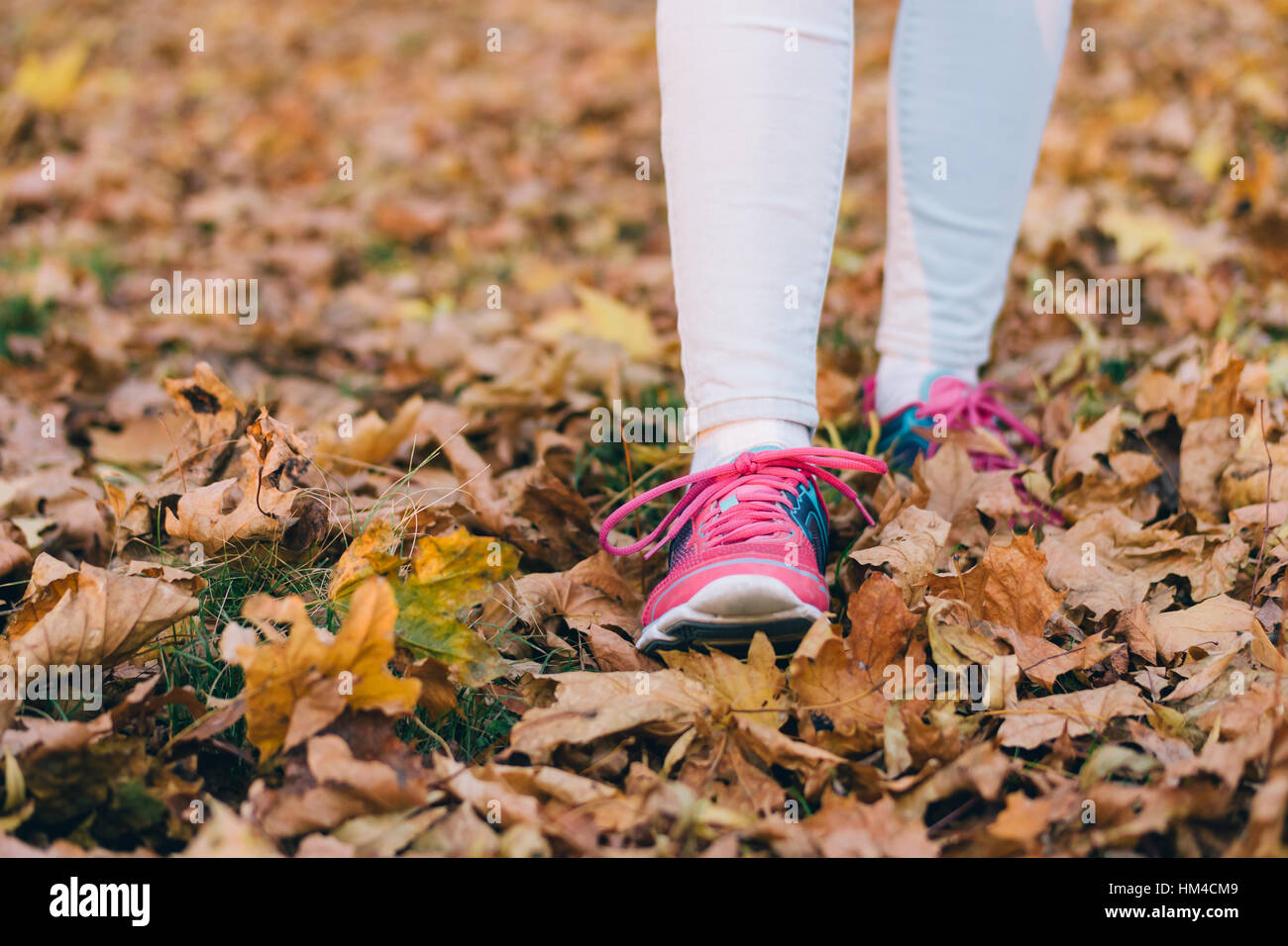 I piedi femminili in jeans e scarpe da ginnastica rosa a piedi su caduto  foglie di autunno Foto stock - Alamy