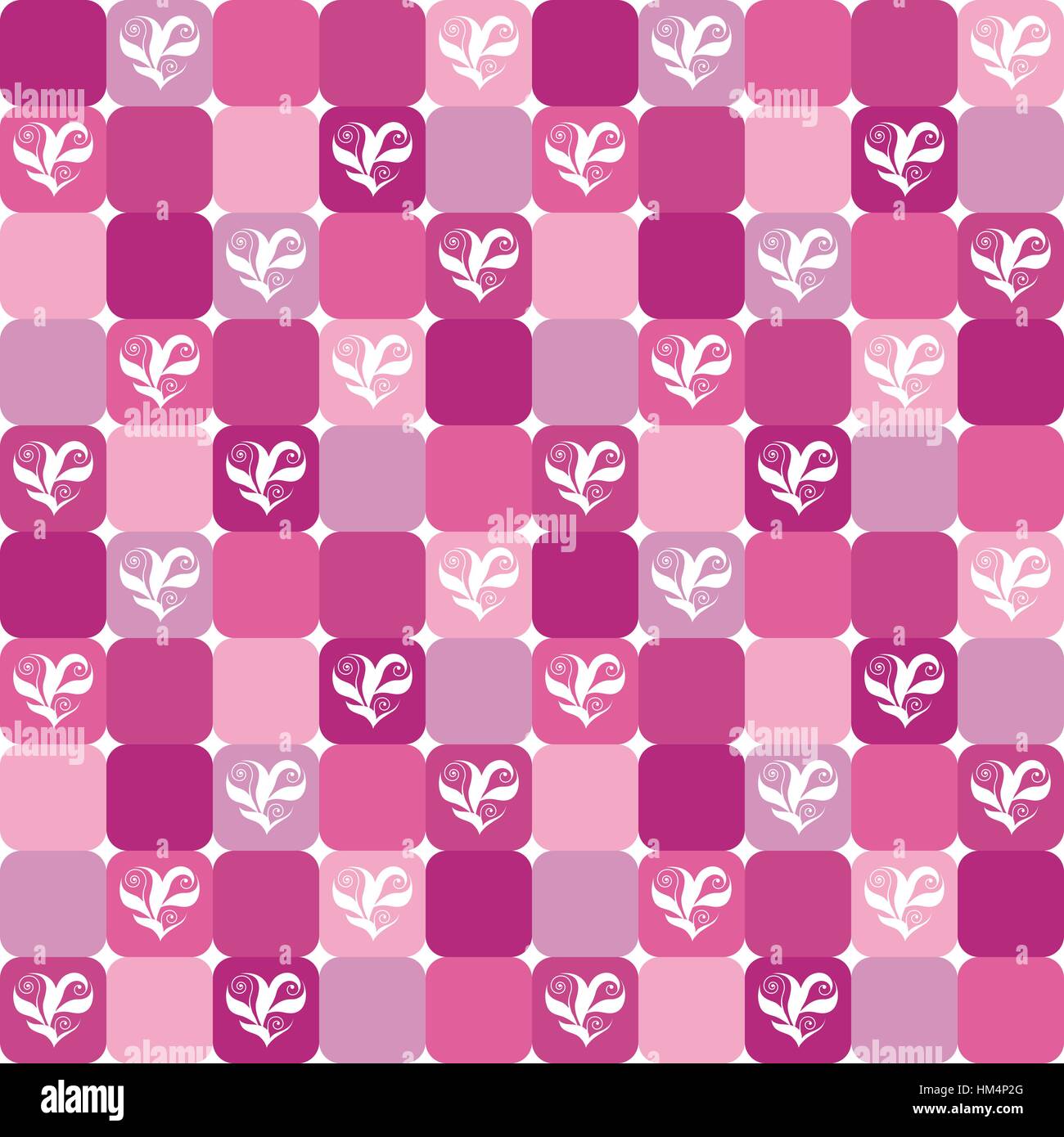 Elegante motivo a scacchi con cuori floreali su rosa, magenta e lilla piastrelle. Il giorno di San Valentino o nozze background di design. Illustrazione Vettoriale