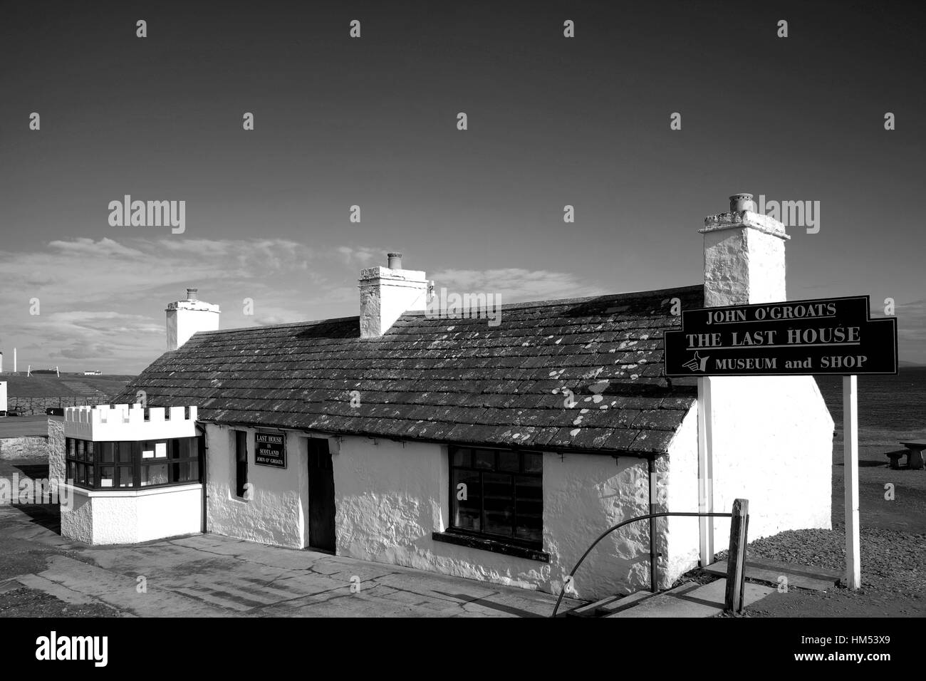 L'ultima casa in Scozia, John O Groats village, Highlands della Scozia Foto Stock