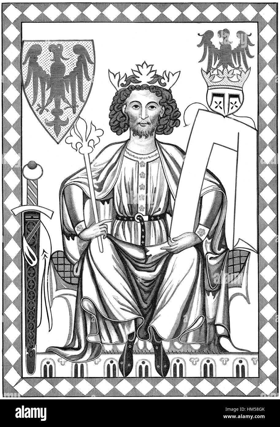 Enrico VI o Heinrich VI Imperatore del Sacro Romano Impero, 1165-1197, ritratto dal Codex Manesse, circa 1304, facsimile Foto Stock