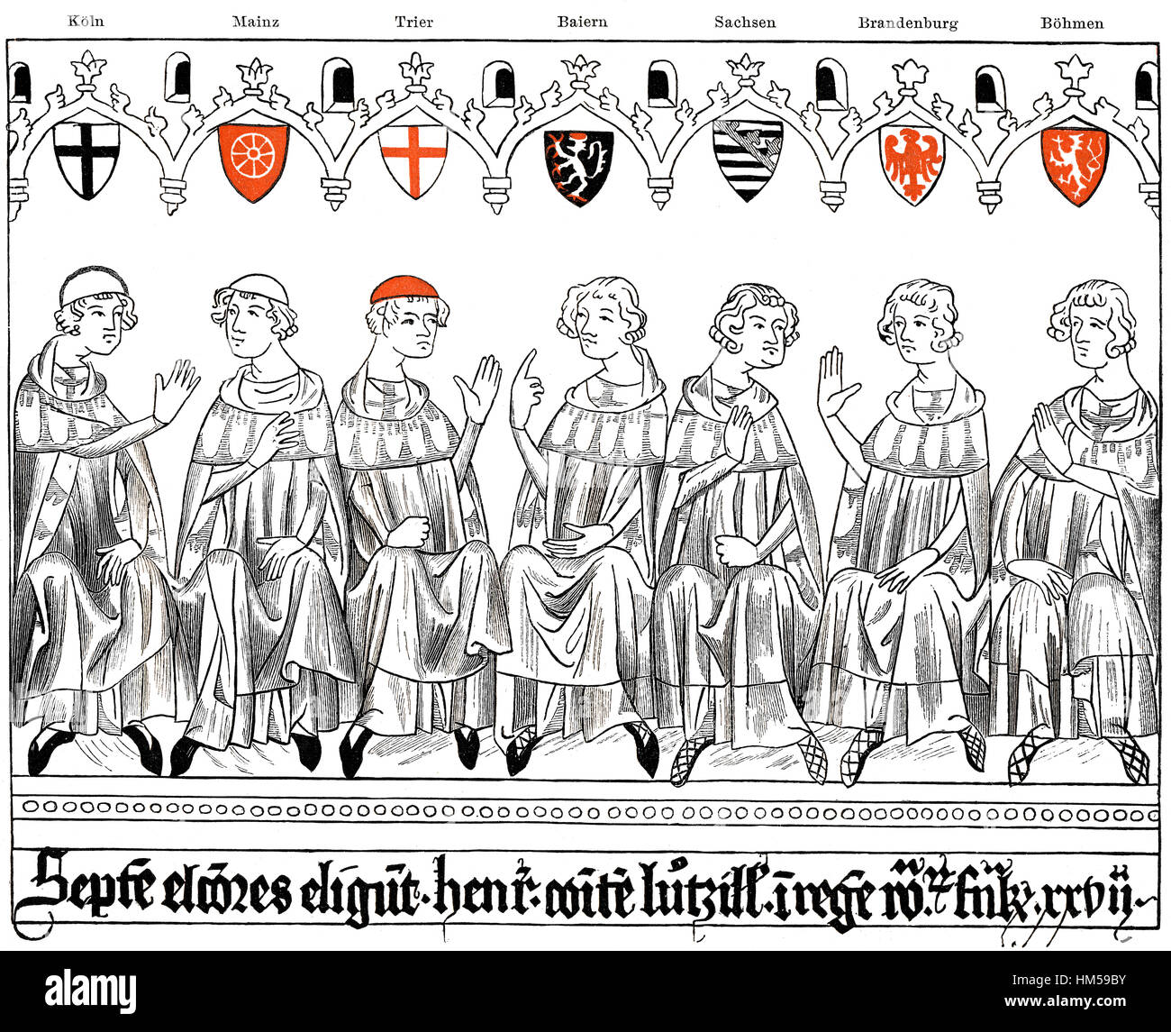 Illustrazione del principe-elettori nella deliberazione, da sinistra: l arcivescovo di Colonia, Arcivescovo di Magonza, arcivescovo di Treviri, conte palatino della RHI Foto Stock
