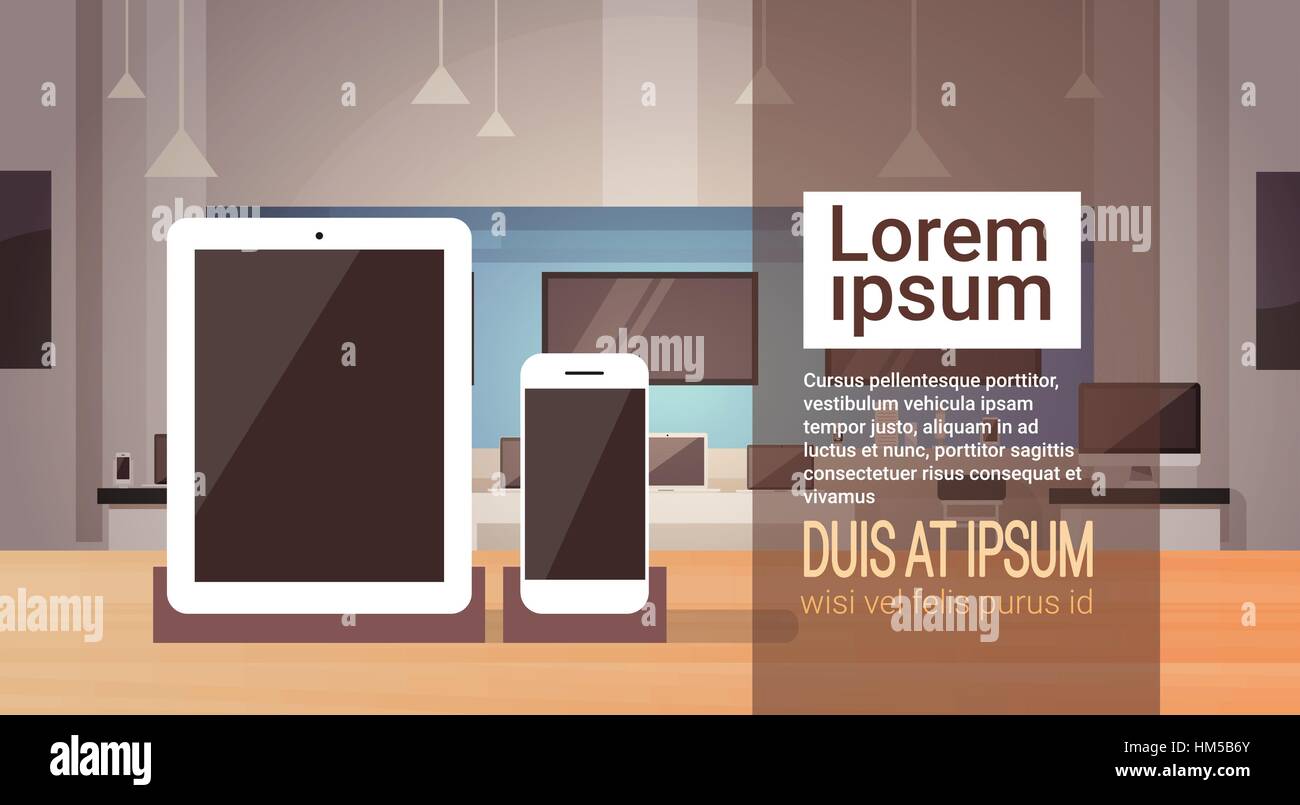 Tablet PC Cell Smart Phone elettronica moderna Store Shop Interno Illustrazione Vettoriale