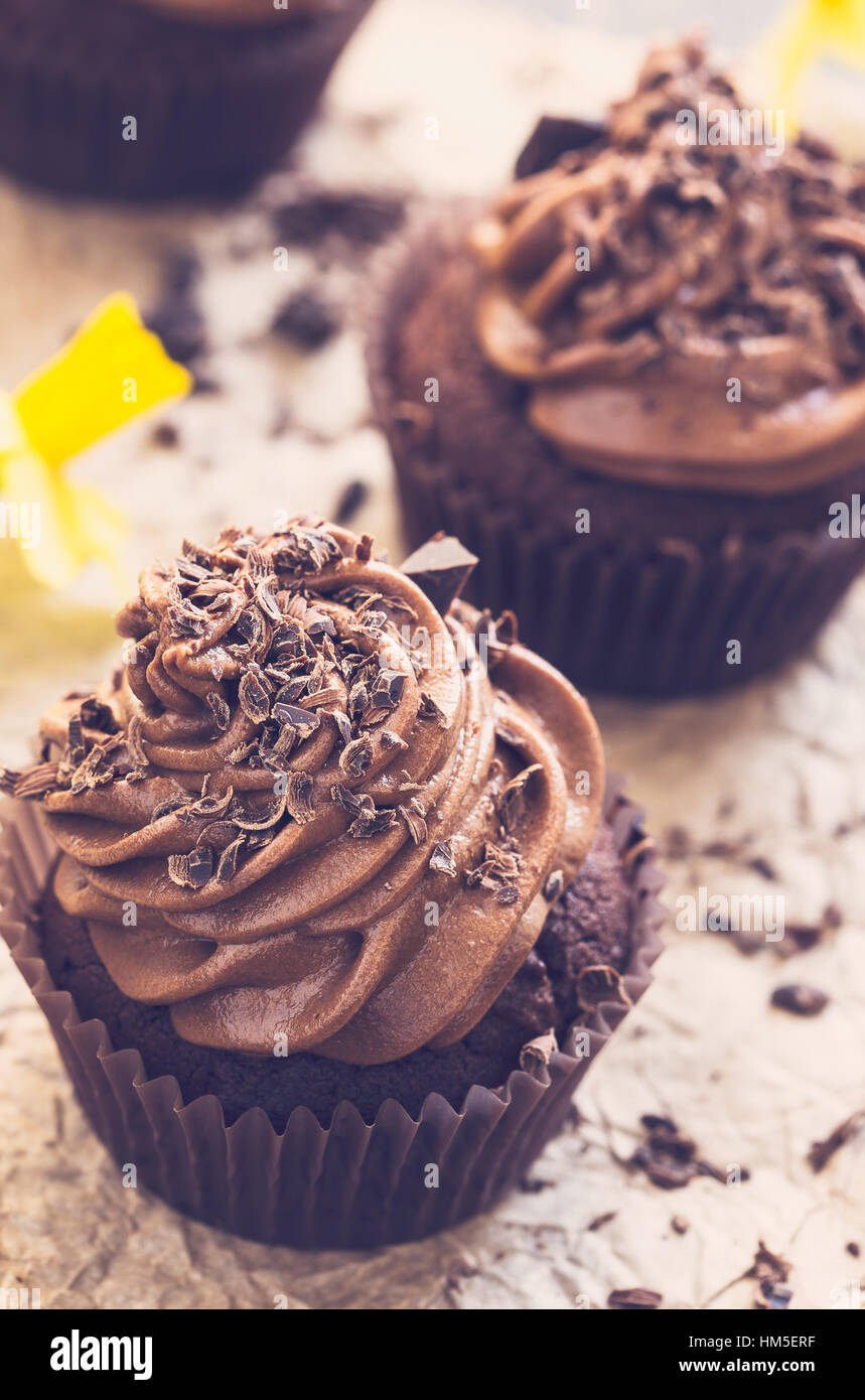 Deliziose le madri giorno tortini di cioccolato con fiori di primavera Foto Stock